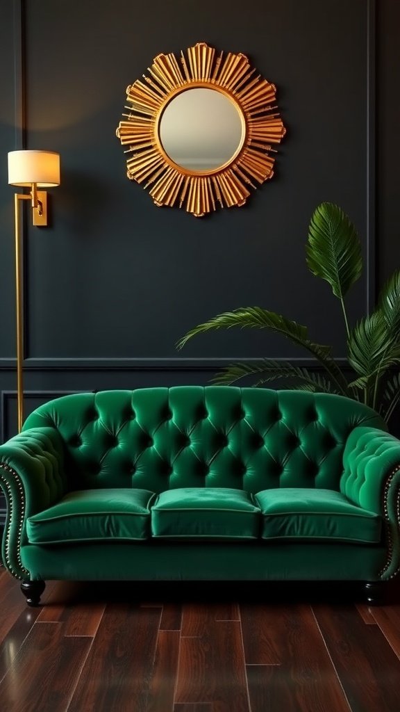Emerald green tufted couch with a sunburst mirror above it, set against a dark wall.