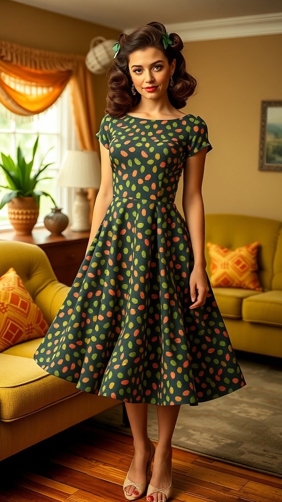 A woman wearing a light green swing dress with a pickle print, standing in a cozy living room setting.