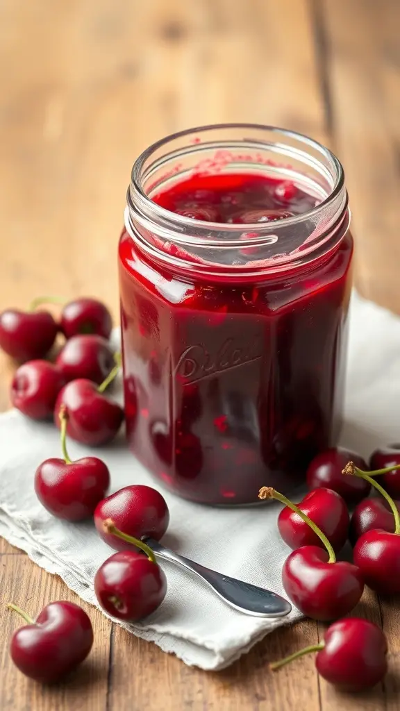 A jar of sweet cherry jam surrounded by fresh cherries on a wooden table.