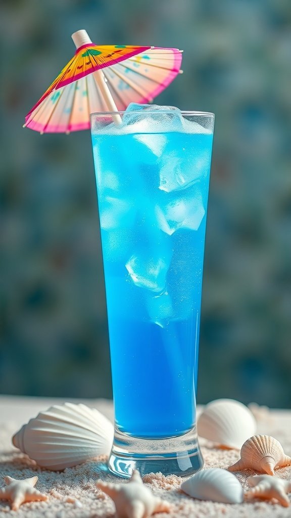 A vibrant blue cocktail with an umbrella, surrounded by seashells on a sandy beach.