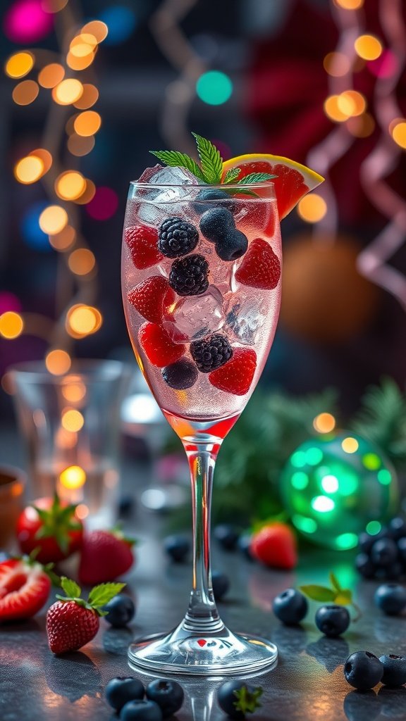 A refreshing sparkling cocktail with mixed berries and mint, set against a festive backdrop.