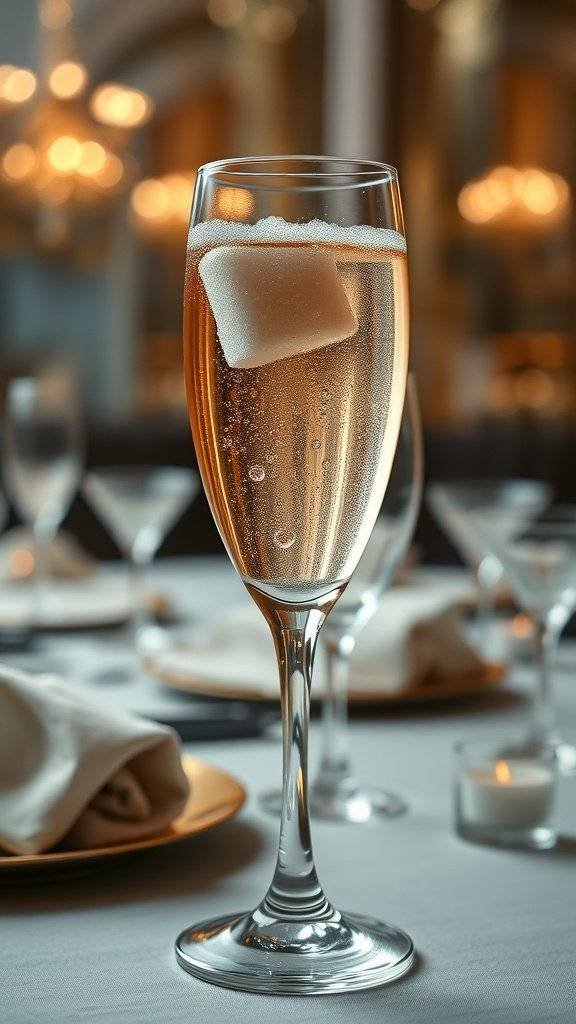 A glass of Classic Champagne Cocktail with an ice cube, set in an elegant dining atmosphere.