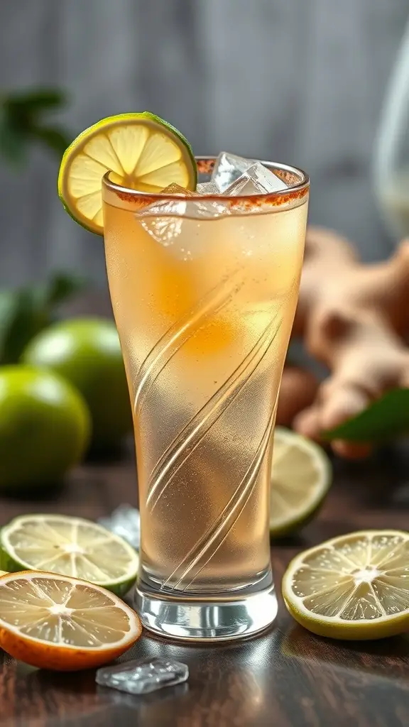 A refreshing Ginger-Lime Sparkler cocktail in a tall glass with ice and lime garnish.