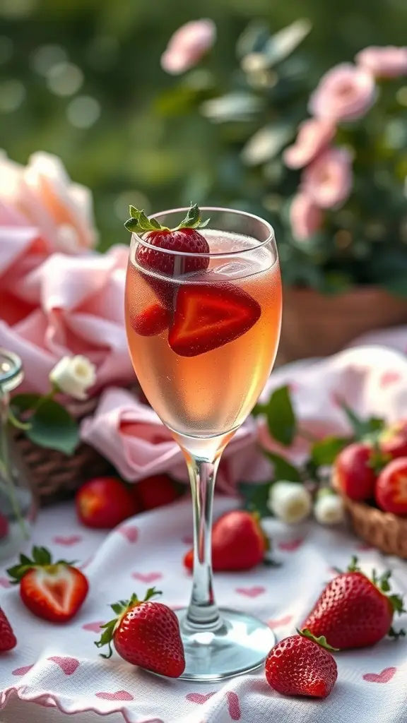 A refreshing Strawberry Sparkling Delight cocktail garnished with fresh strawberries, set against a soft pink background.