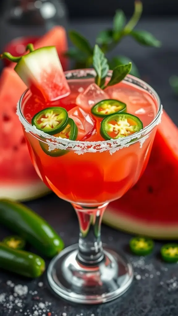 A refreshing Spicy Jalapeño Sparkler cocktail garnished with watermelon and jalapeño slices.