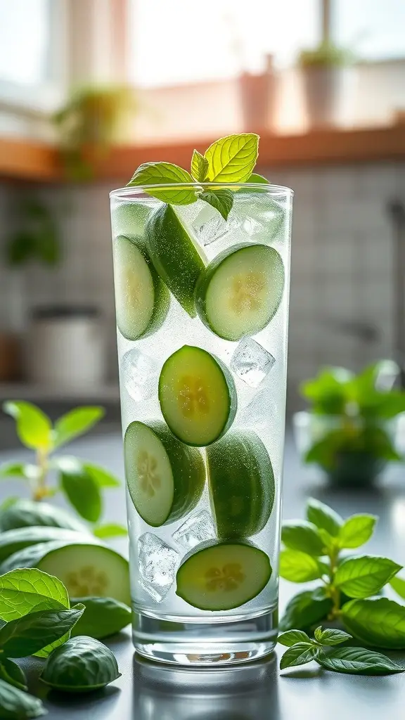 A refreshing Cucumber Basil Spritzer with cucumber slices and basil leaves in a tall glass.