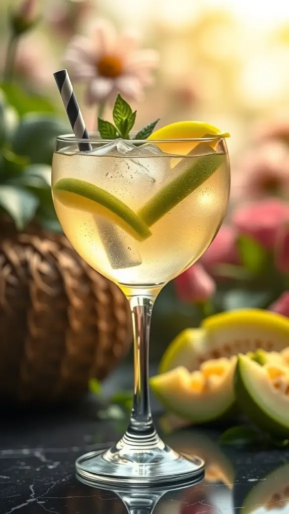 A refreshing Honeydew Sparkling Cooler cocktail garnished with mint and lemon, set against a vibrant floral background.