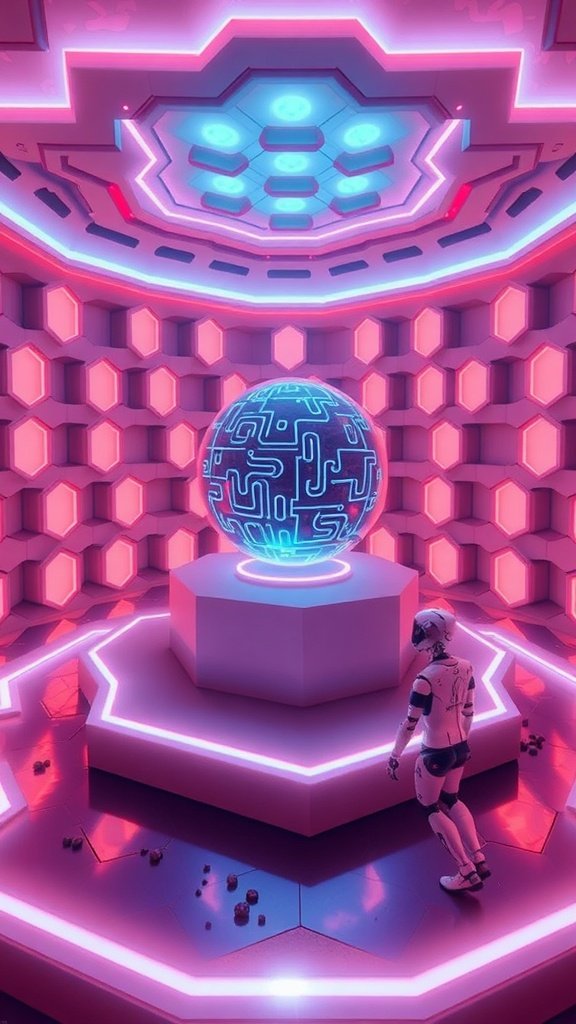A futuristic playroom with a glowing globe and high-tech design elements.