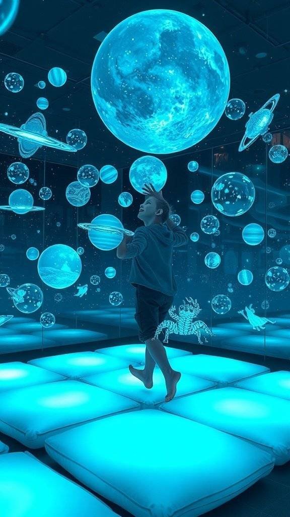 Children playing in a futuristic playroom with floating planets and a starry background.