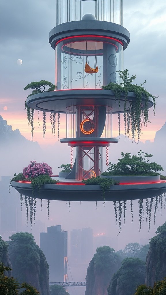 A futuristic floating play loft with circular platforms, greenery, and a hammock, set against a misty landscape.