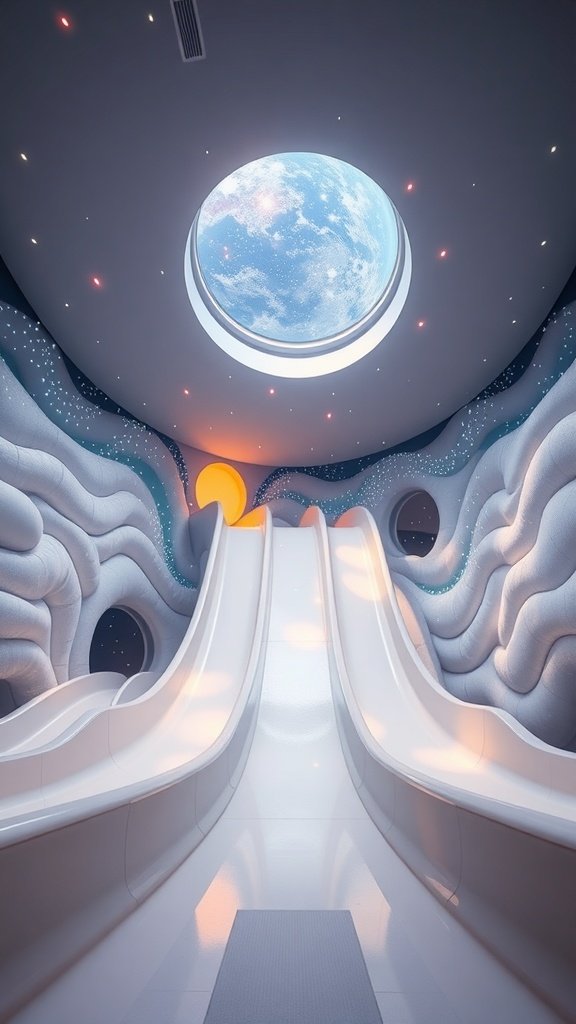 A futuristic playroom with two slides and a skylight showing the moon and stars.