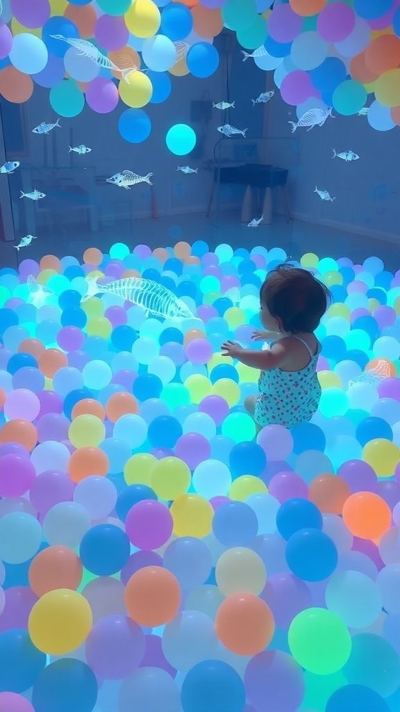 A colorful ball pit filled with pink, blue, and black balls, featuring a glowing fish in a clear bowl at the center.