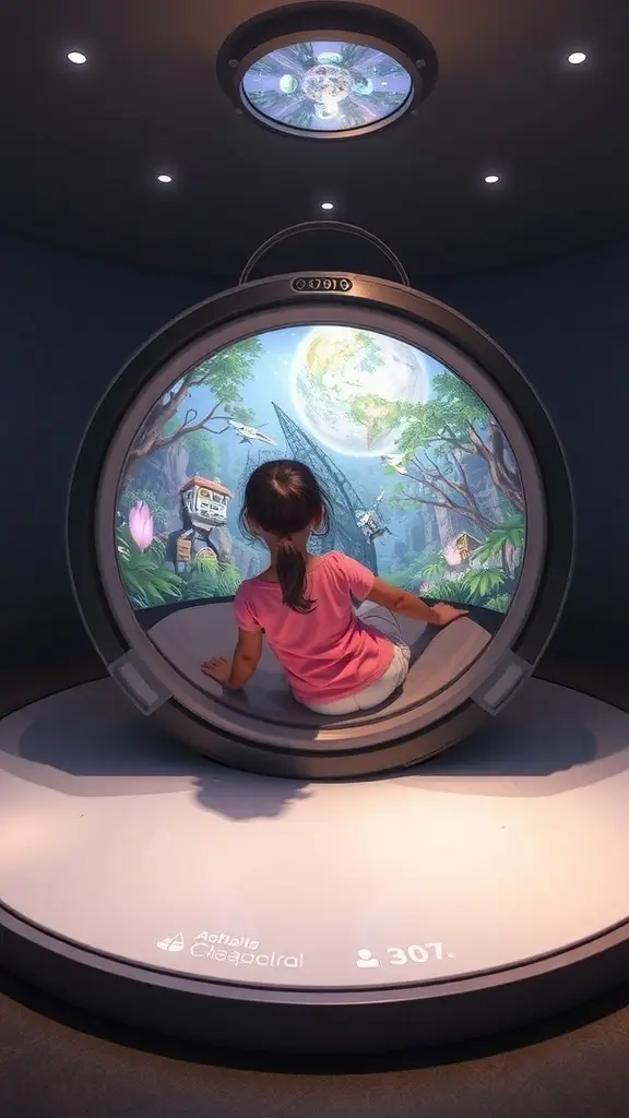 Children looking out of a futuristic pod into a colorful landscape with castles and planets.