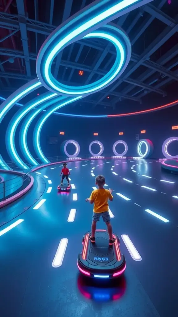 Children riding hoverboards in a futuristic arena with neon lights and loops