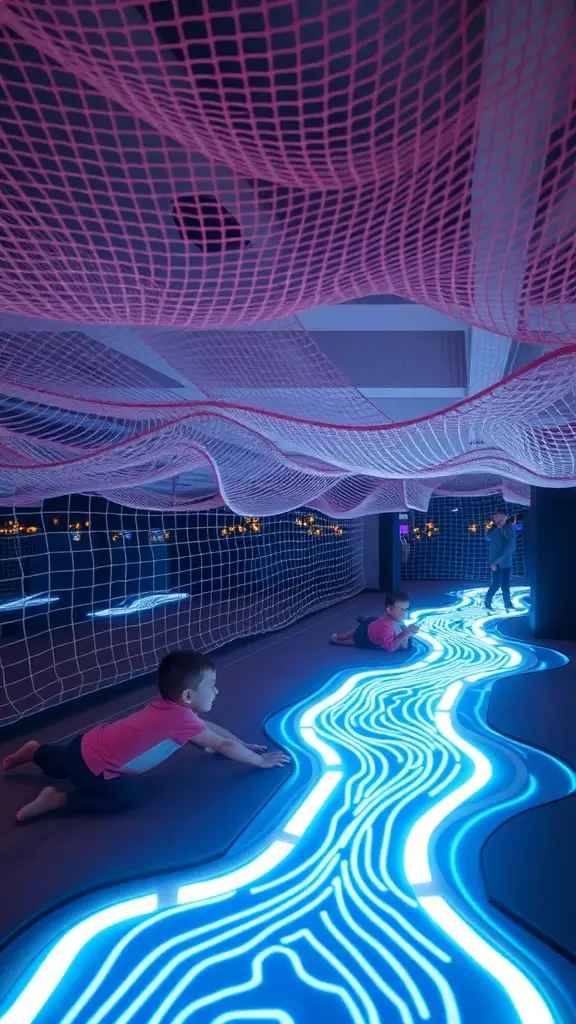 A futuristic playroom with glowing blue pathways and a netted ceiling, where children are crawling and playing.