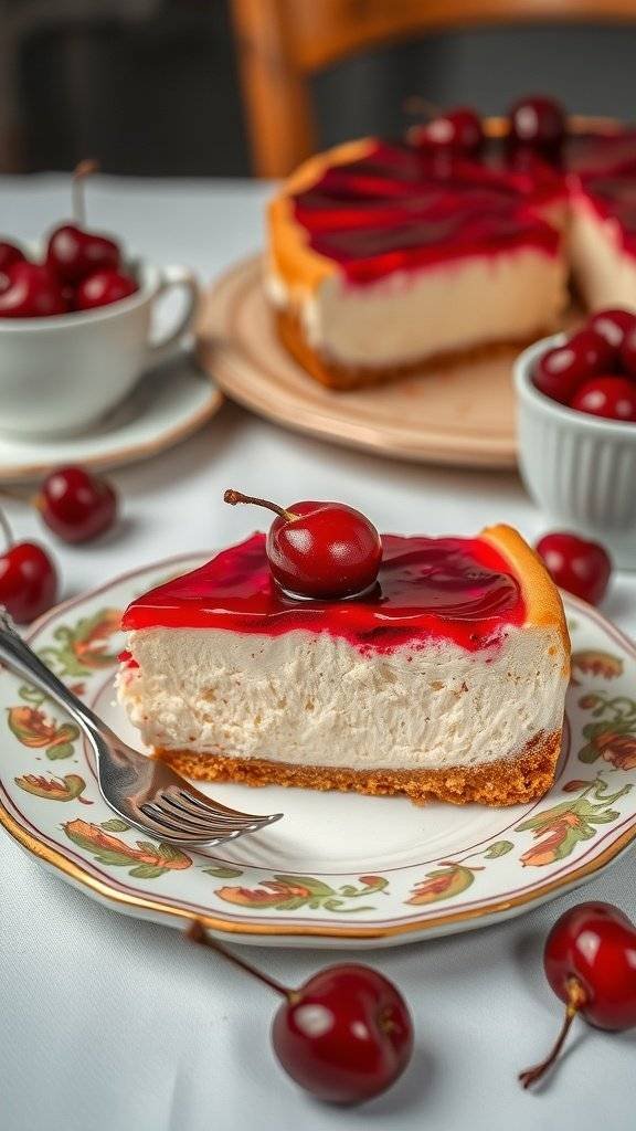 A slice of creamy cherry cheesecake topped with cherry glaze, served on a decorative plate with cherries around it.