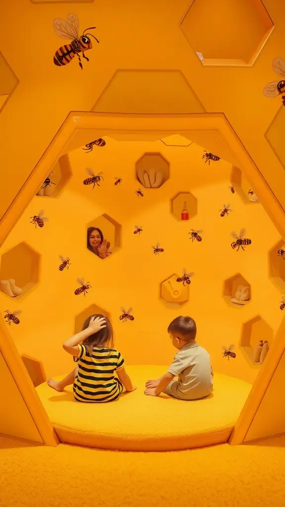 A bright yellow playroom designed like a honeycomb, featuring children playing and bee decorations.