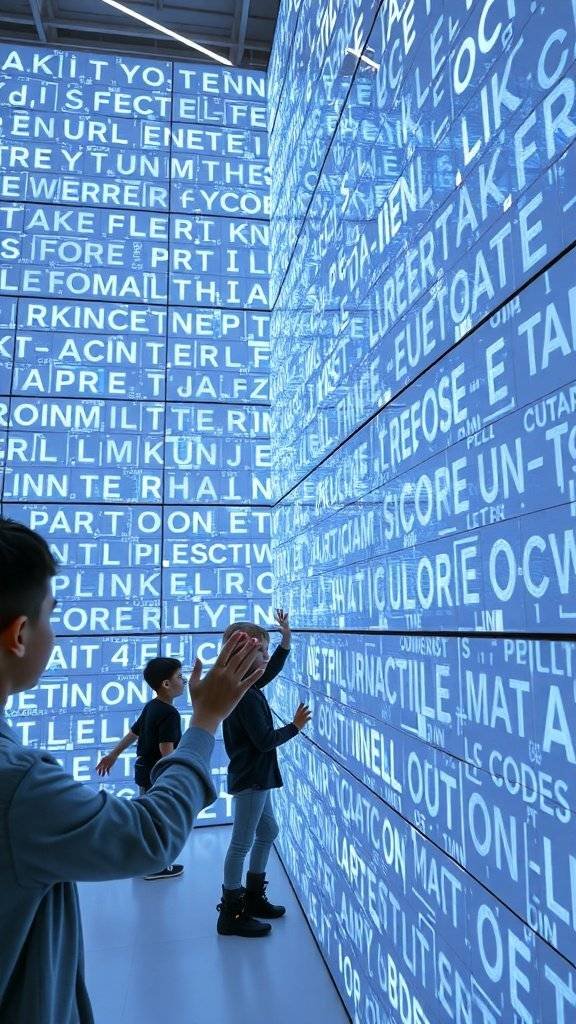 Children interacting with a high-tech wall display filled with letters and patterns.