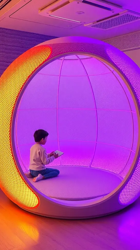 A child sitting in a glowing, pod-like play area, using a tablet.