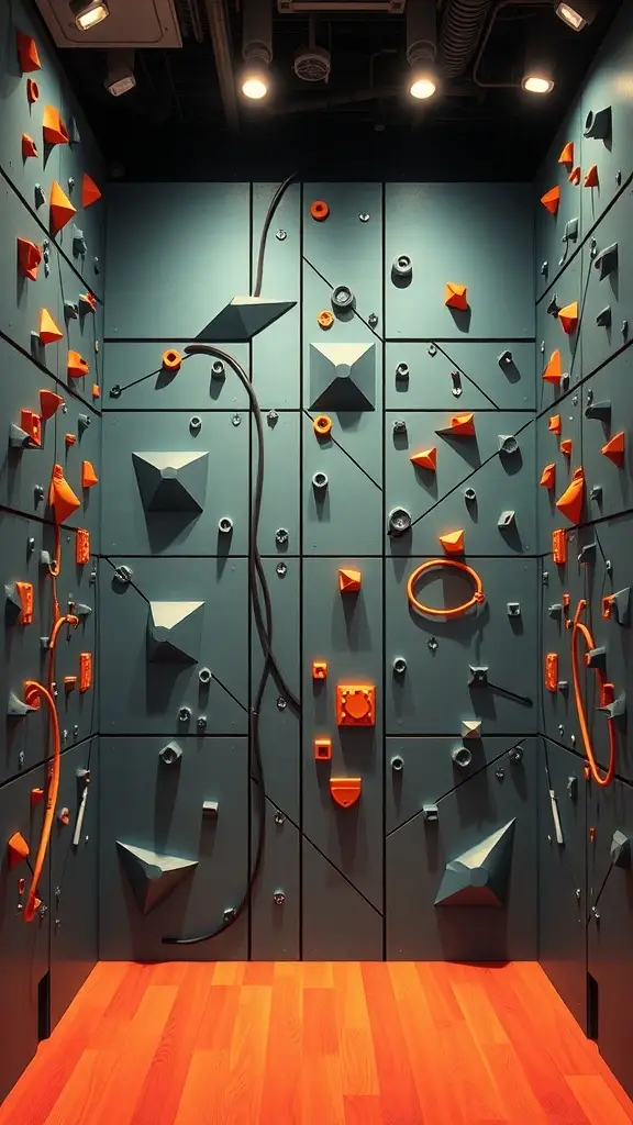 A colorful climbing wall with various shapes and textures in orange and teal.
