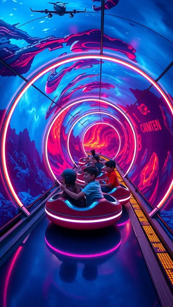 Colorful tunnel with children riding in pod-like vehicles, inspired by futuristic themes.