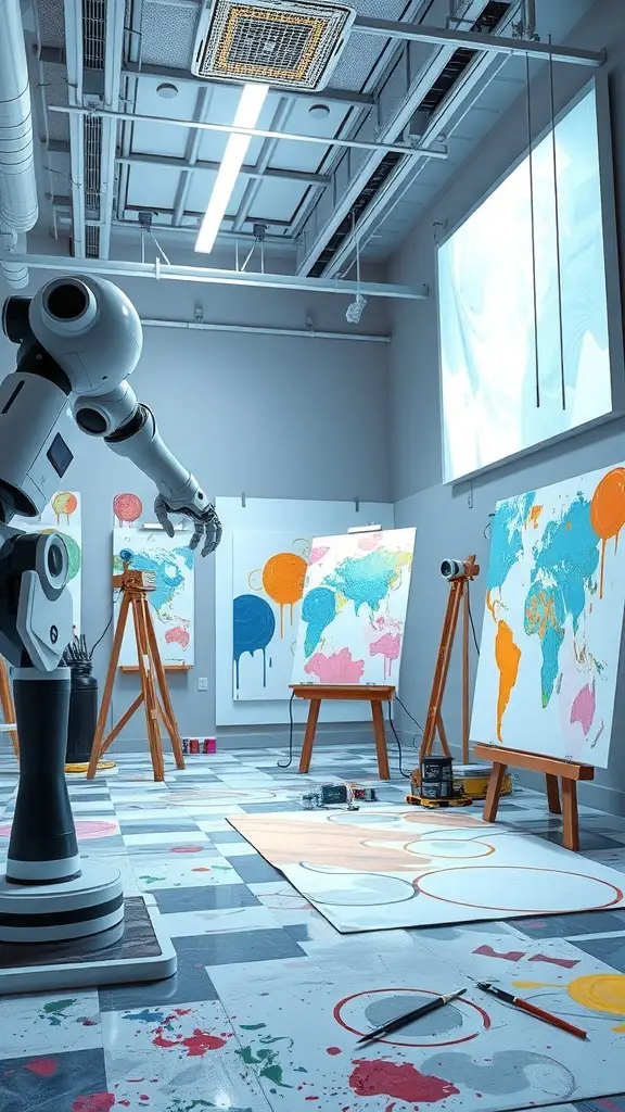 A futuristic art studio with a robotic arm and colorful paintings on easels.