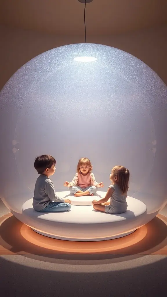 A futuristic playroom featuring a large translucent orb with children sitting inside, creating a serene environment.