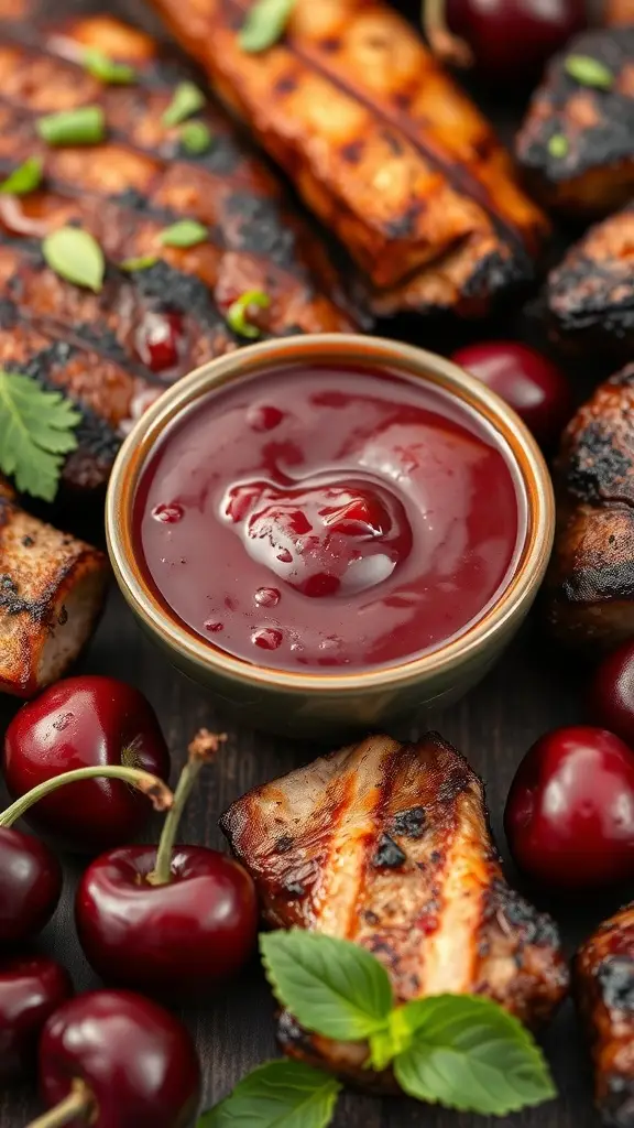 A bowl of cherry BBQ sauce surrounded by grilled meats and fresh cherries