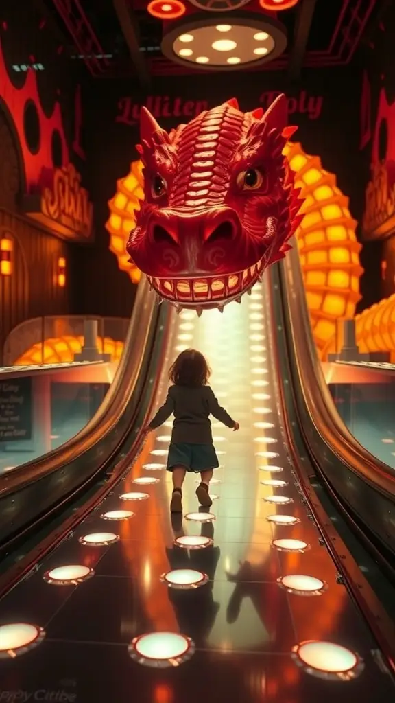 A large, red dragon-themed slide with glowing features, designed for children's playrooms.