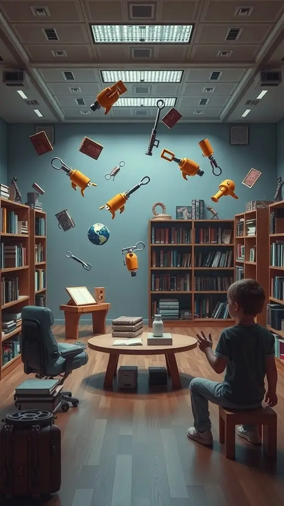 A child in a futuristic playroom with floating books and tools, surrounded by bookshelves.