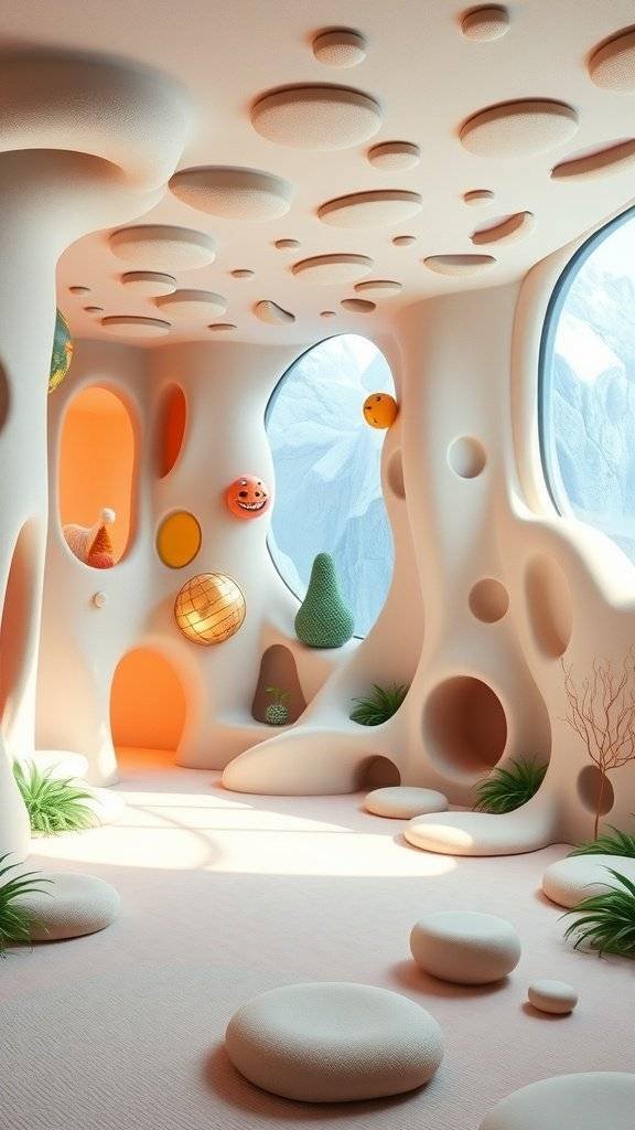 A futuristic playroom with soft, rounded shapes, colorful orbs, and natural light.