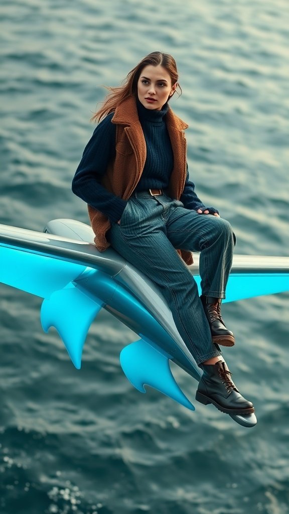 A person sitting on a futuristic craft over the ocean, wearing a cozy sweater and stylish boots.