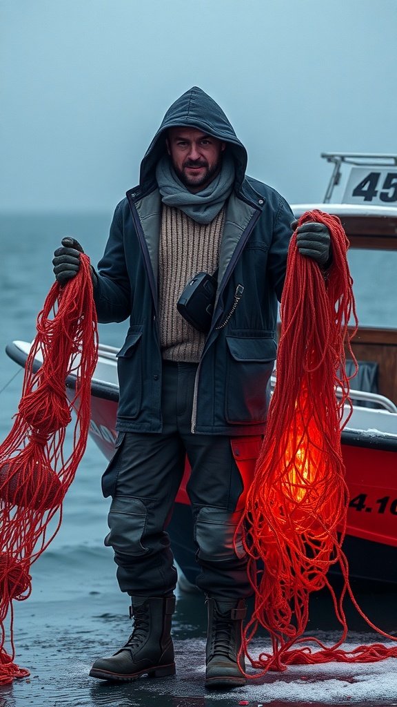 A salt harvester in warm clothing holding red ropes by the water on Crait.