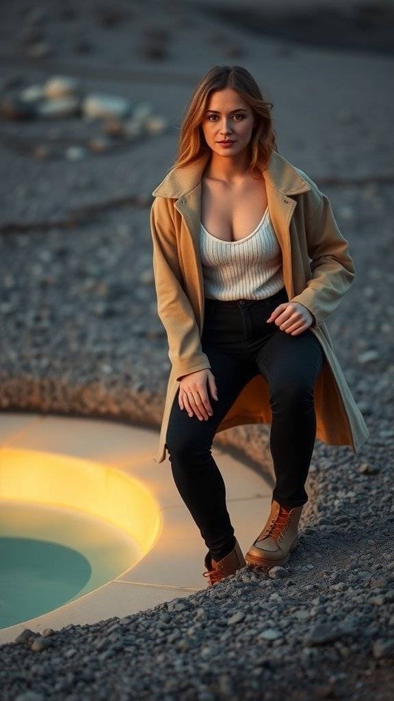 A person standing at the edge of a glowing tidal pool, surrounded by rugged terrain.
