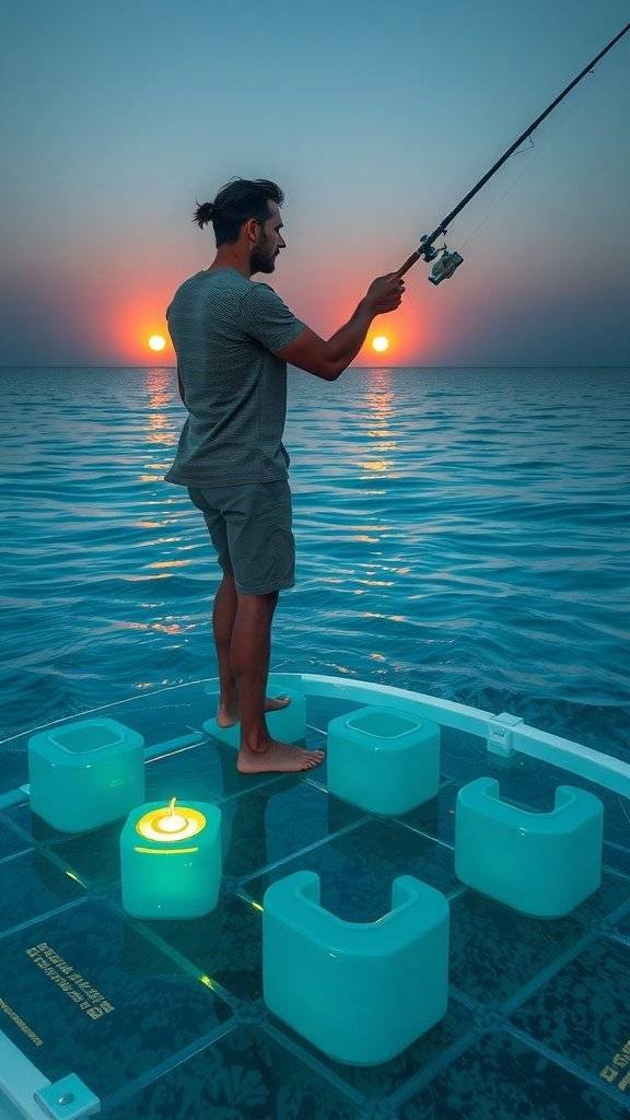 A fisherman on a glowing boat fishing at sunset on Felucia's floating reefs, with bioluminescent mushrooms and two suns in the sky.