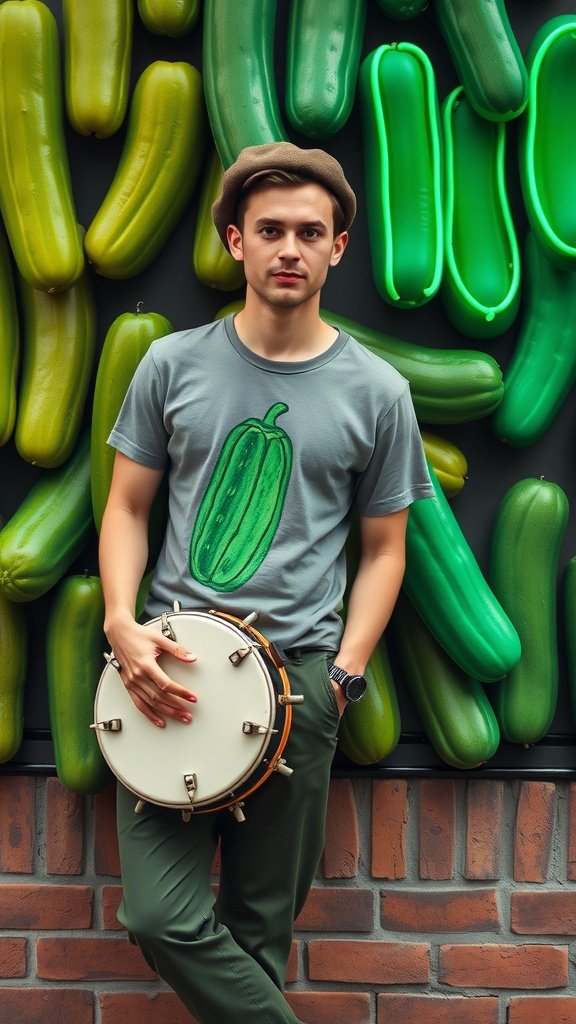 A young man in a gray pickle-themed t-shirt and hat, holding a tambourine, stands in front of a wall covered with green cucumbers.