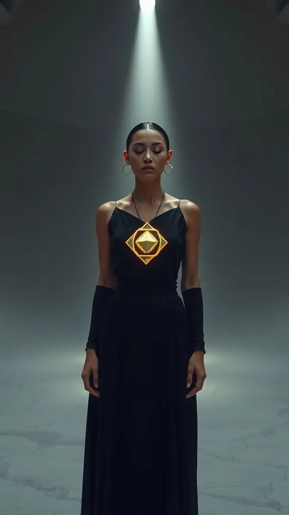 Model in a black minimalist gown with a glowing holocron-inspired brooch