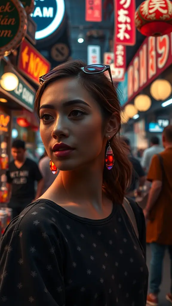 A person wearing droid eye earrings in a colorful mech market, showcasing a futuristic style.
