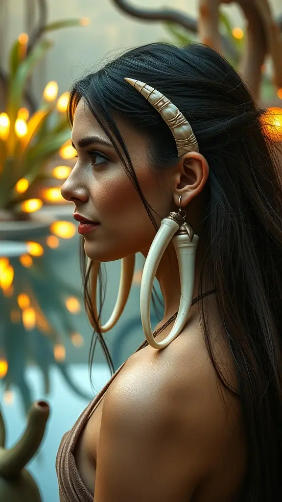 A close-up of a woman wearing Togruta shell earrings, set in a colorful lunar garden.