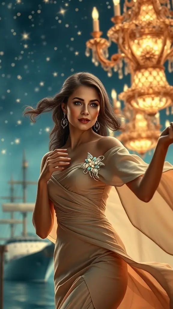 A woman in a flowing black outfit showcasing a Coruscanti Skyline Brooch in a luxurious floating ballroom with chandeliers.