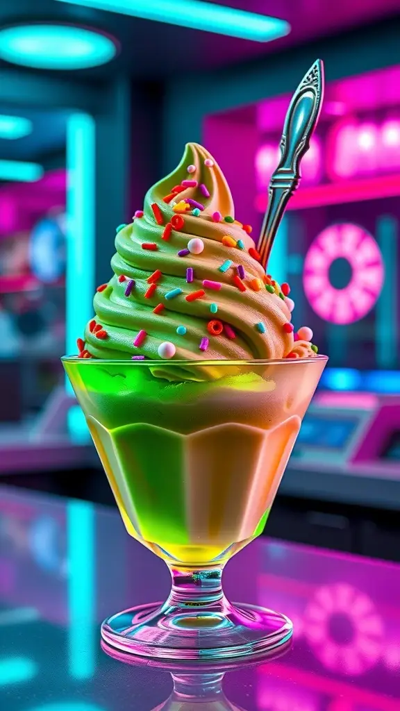 A vibrant retro-futuristic matcha sundae with colorful sprinkles, served in a glowing glass.