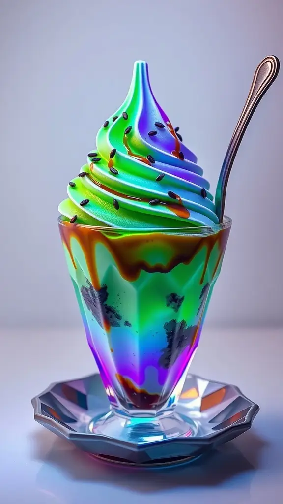 A vibrant Matcha and Black Sesame Swirl Sundae in a glass, topped with black sesame seeds and chocolate syrup.