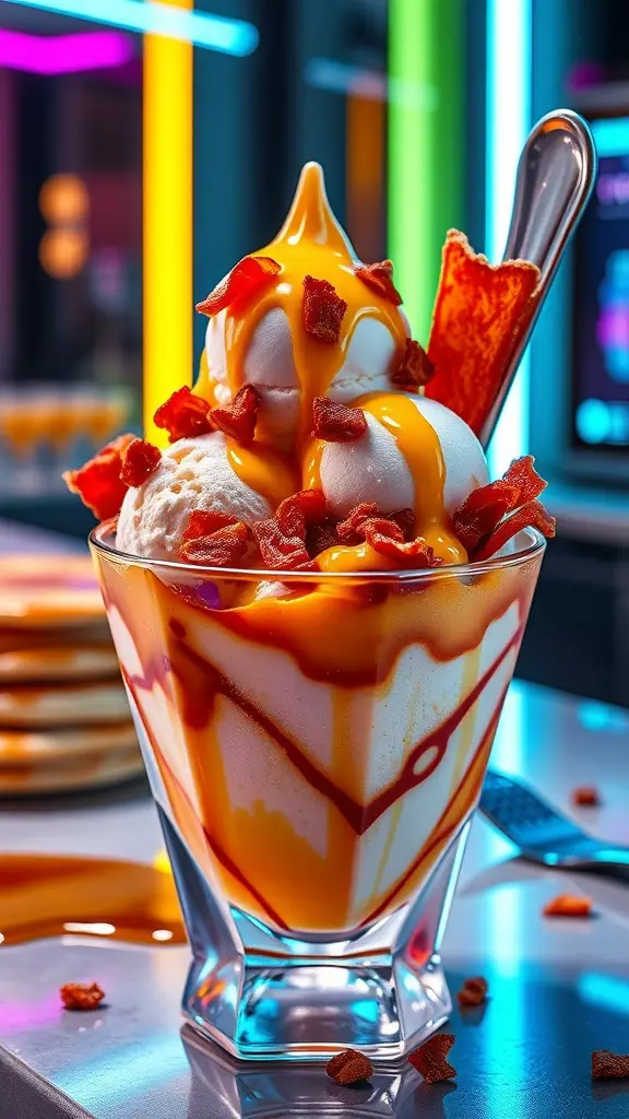 A Nutty Maple Bacon Sundae Surprise topped with crispy bacon bits and maple syrup, served in a glass dish.