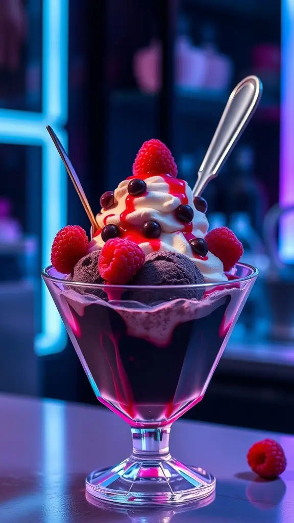 A futuristic sundae featuring dark chocolate ice cream, raspberry sorbet, whipped cream, and fresh raspberries, served in a stylish glass.