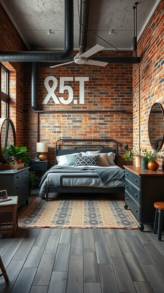 An industrial chic bedroom featuring exposed brick walls, metal accents, and cozy decor.
