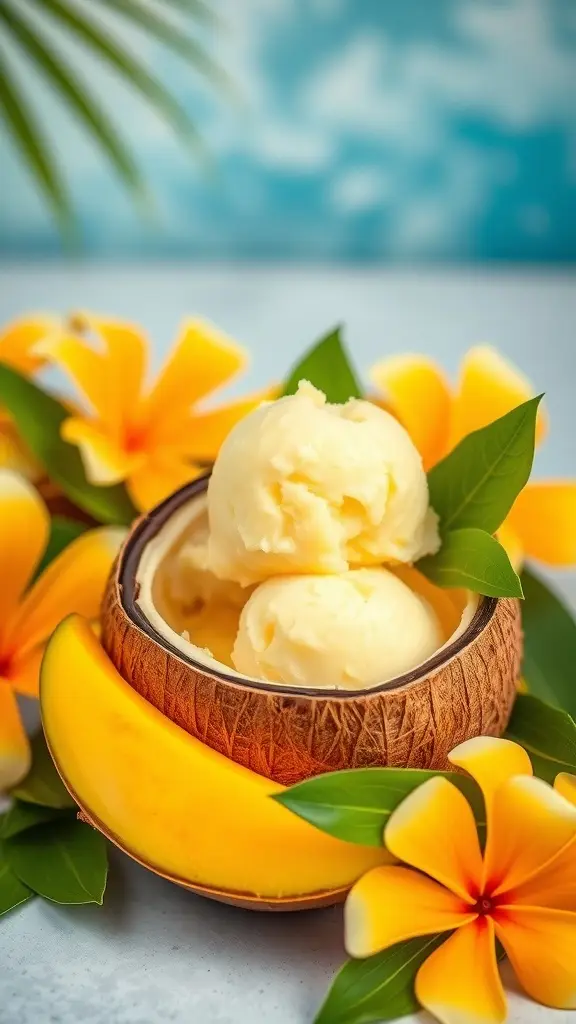 A bowl of tropical mango sorbet surrounded by vibrant flowers and a banana slice.