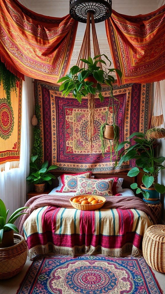 A vibrant bohemian bedroom featuring colorful fabrics, plants, and a cozy atmosphere.