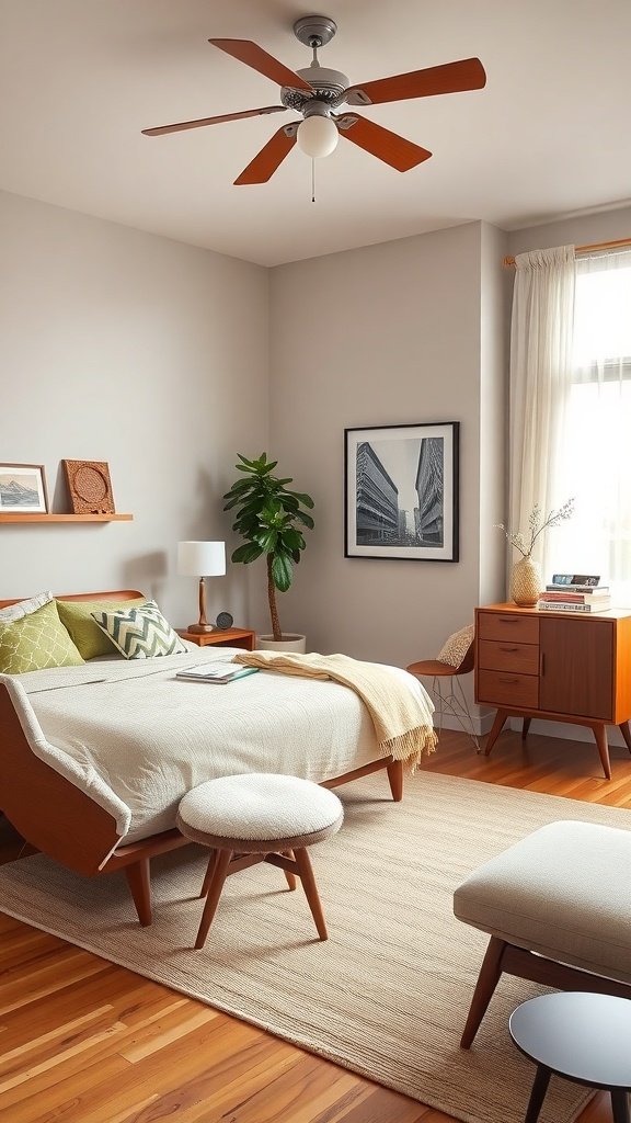 A mid-century modern bedroom featuring a stylish bed, wooden furniture, and warm lighting.