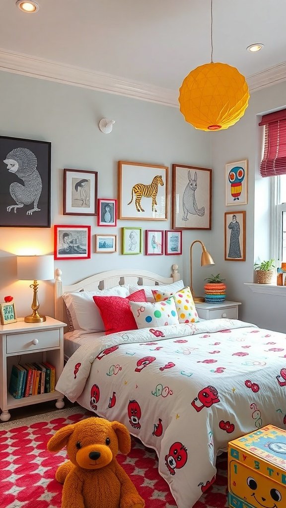 A vibrant bedroom with pink walls, orange bedding, and playful decor.