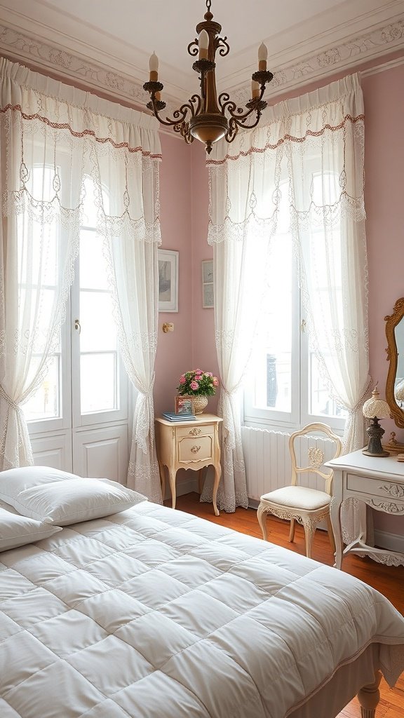 A romantic Parisian bedroom with pink walls, sheer curtains, and elegant decor.